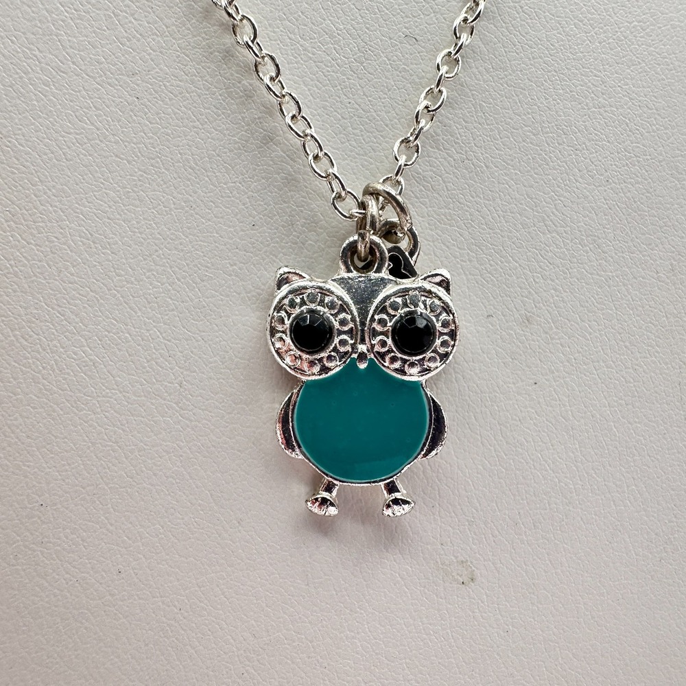 Vintage 90s Teal Owl Best Friend BF Pendant Necklace Silver Tone Women's Jewelry